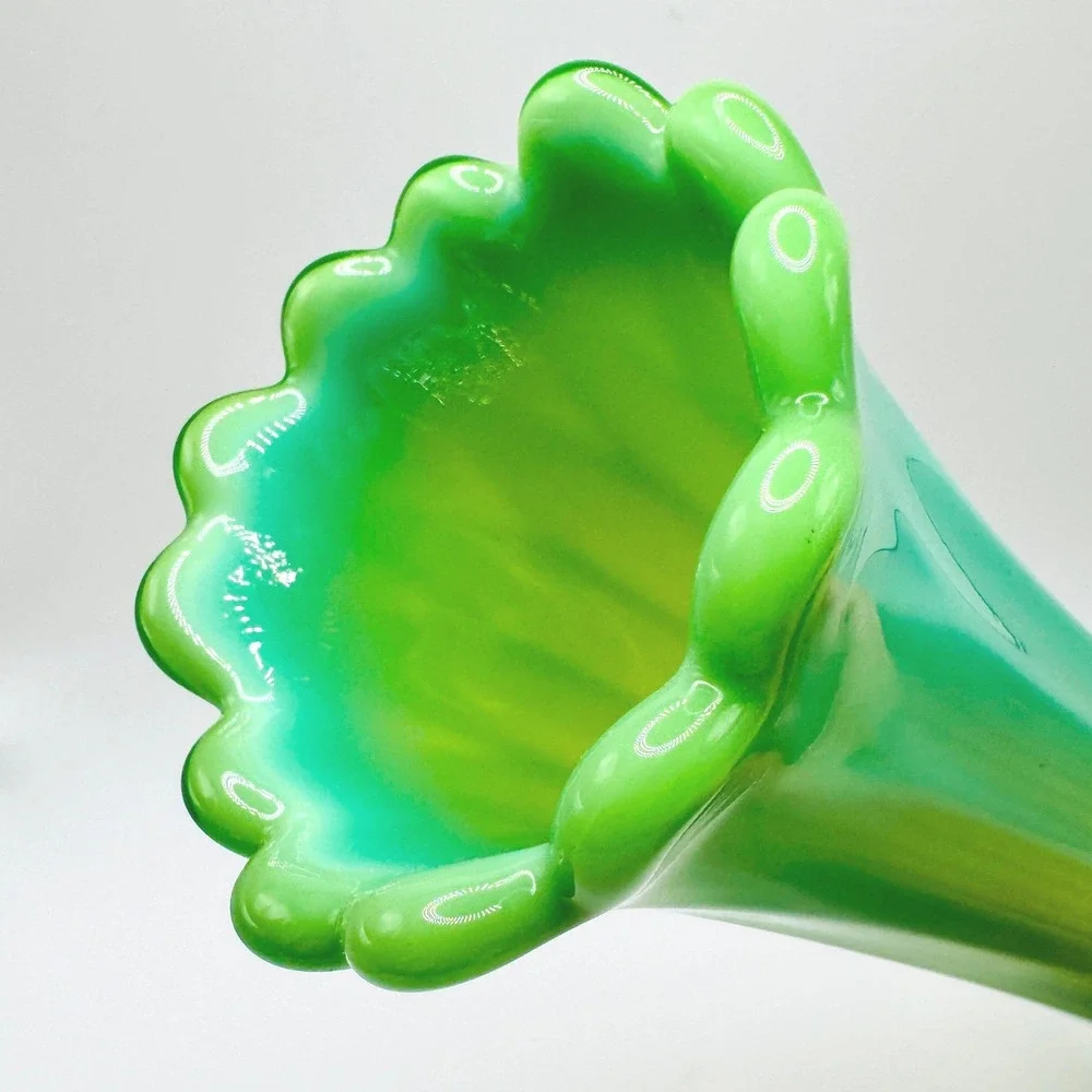 Vintage Green Opalescent Glass Vase 10